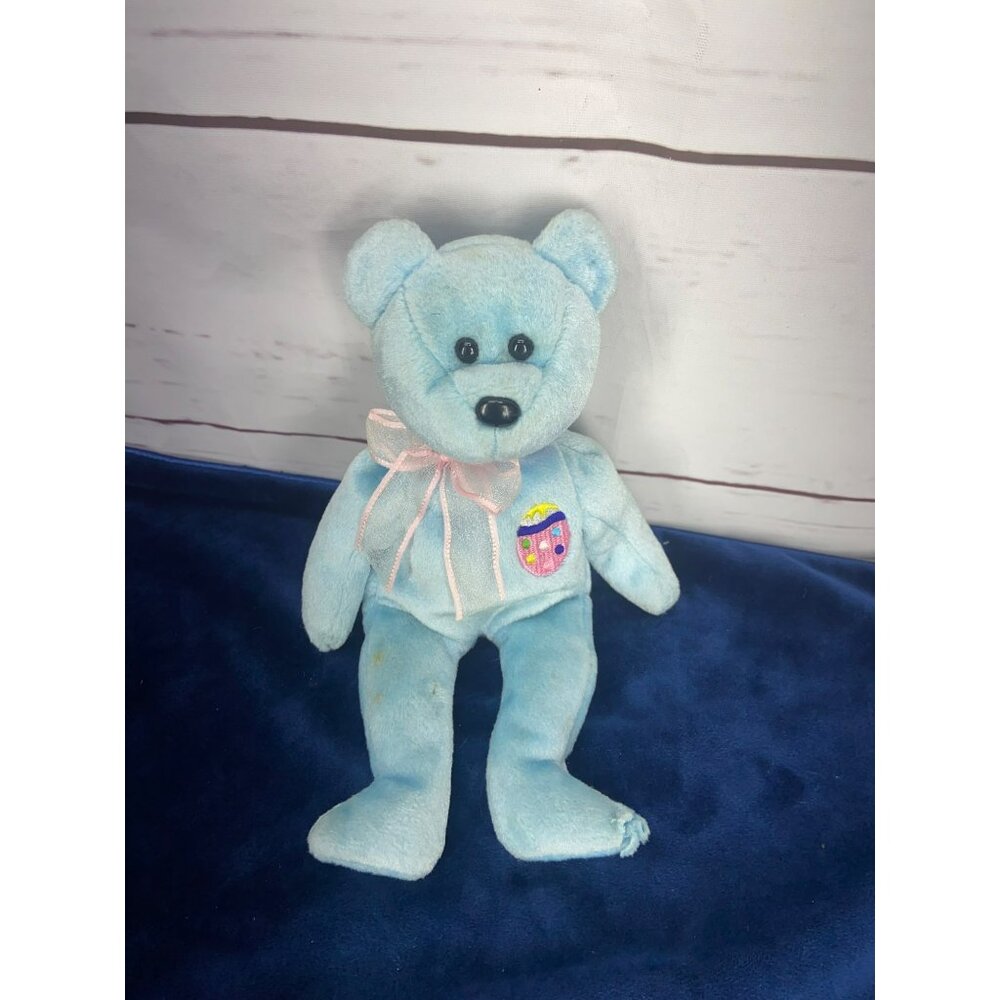 2001 Ty Beanie‎ Eggs II Blue Teddy Bear With Pink Bow & Easter Egg Patch